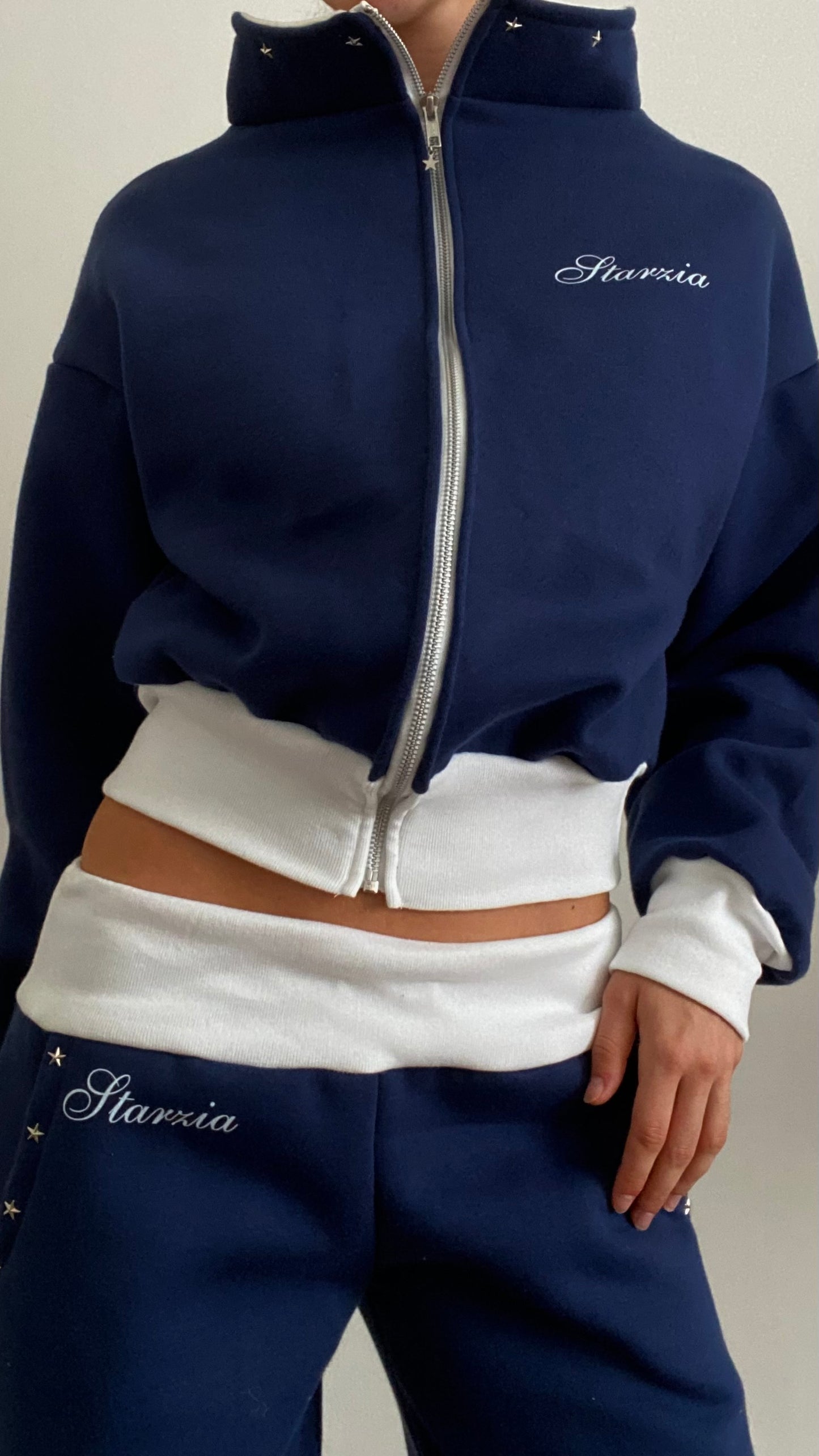 Studded zip up fleece in navy
